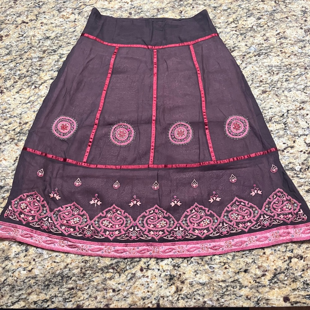 Odille Anthropologie Brown Embroidered Beaded A-Line Skirt Pink Trim Womens 6‎